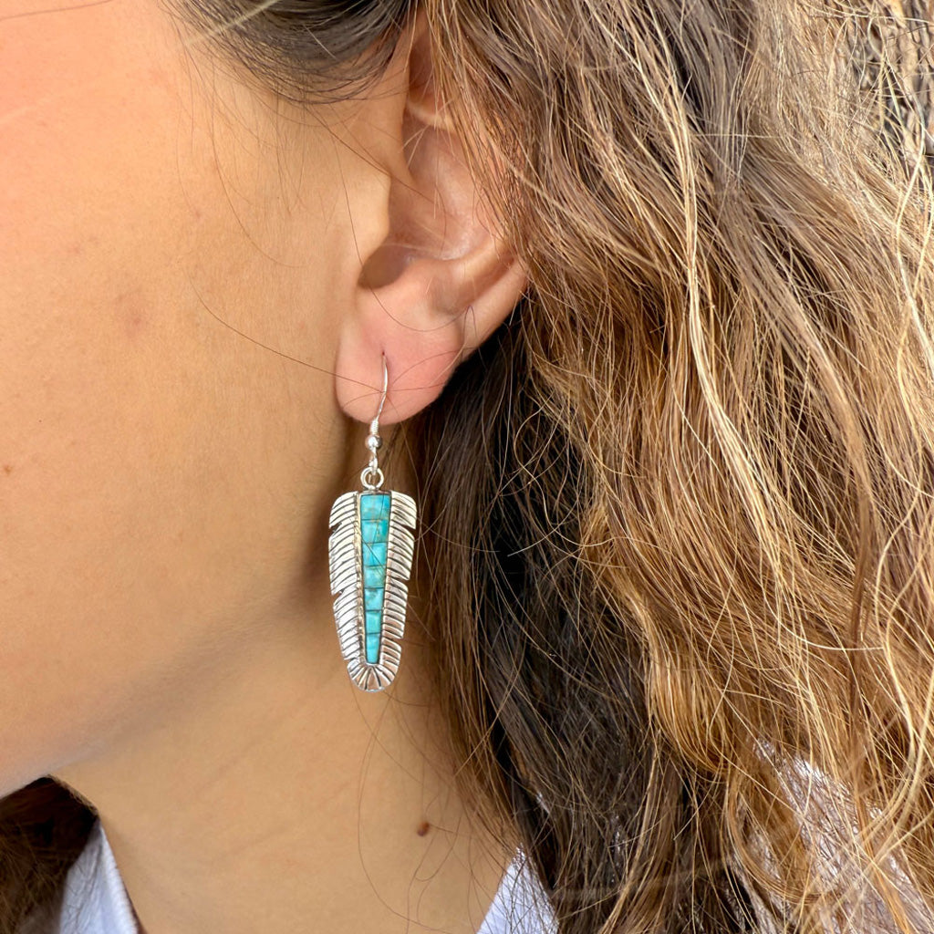 FINAL CLEARANCE - Feather Turquoise Earrings SilveryCopper™ E1016-LG-SB-C75 (Larger Version)