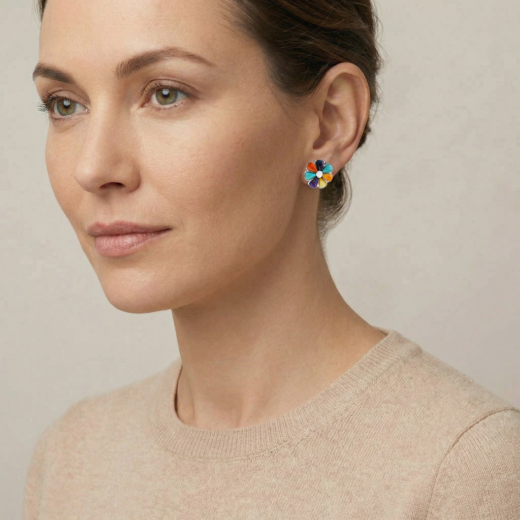 Sterling Silver Flower Earrings Multicolor E1070-C71