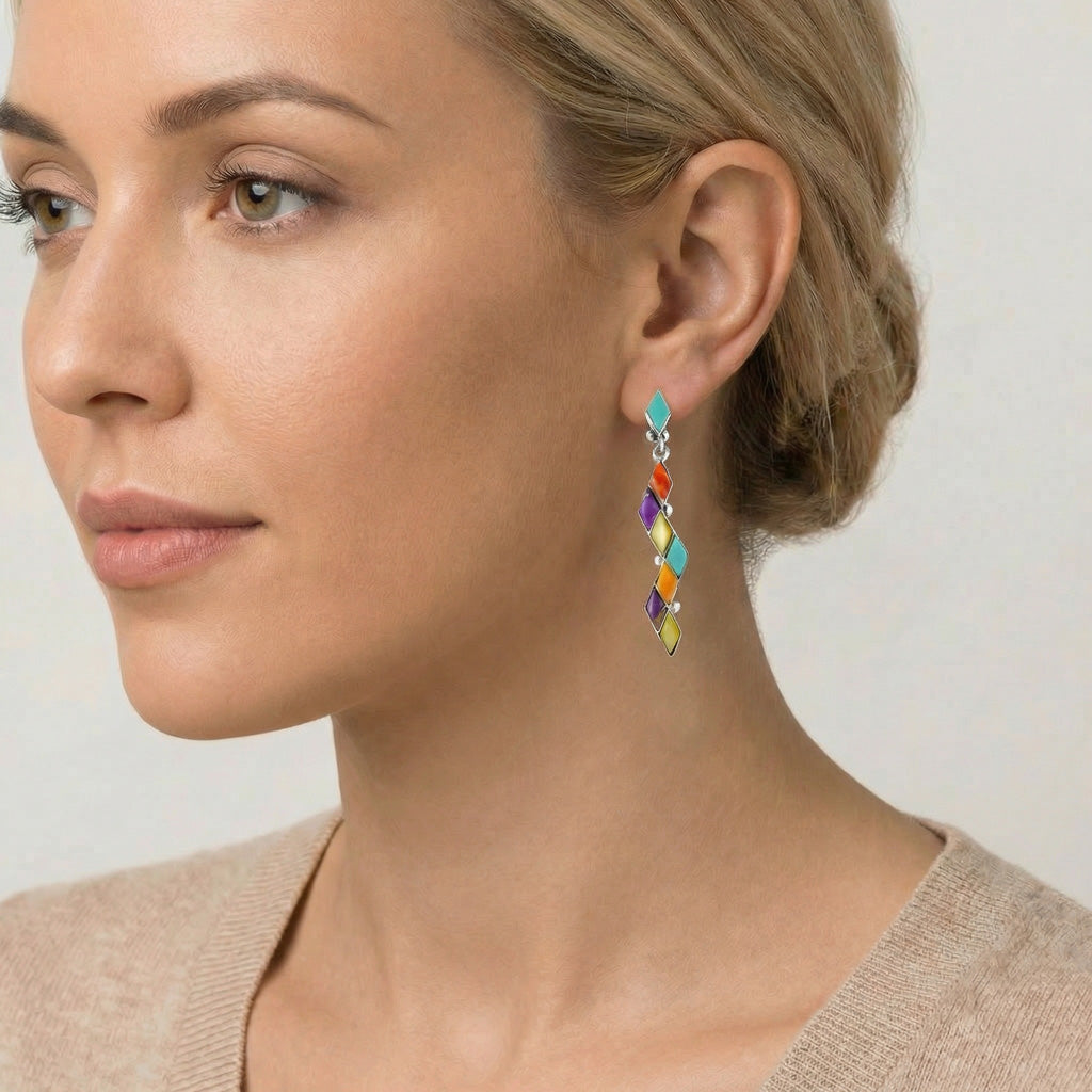 Multi Gemstone Earrings SilverBronzé E1079-LG-SB-C71 (Larger Version)