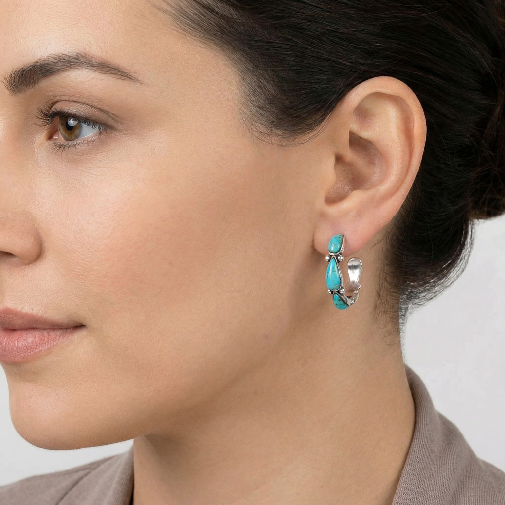 FINAL CLEARANCE - Turquoise Hoop Earrings SilveryCopper™ E1098-LG-SB-C75
