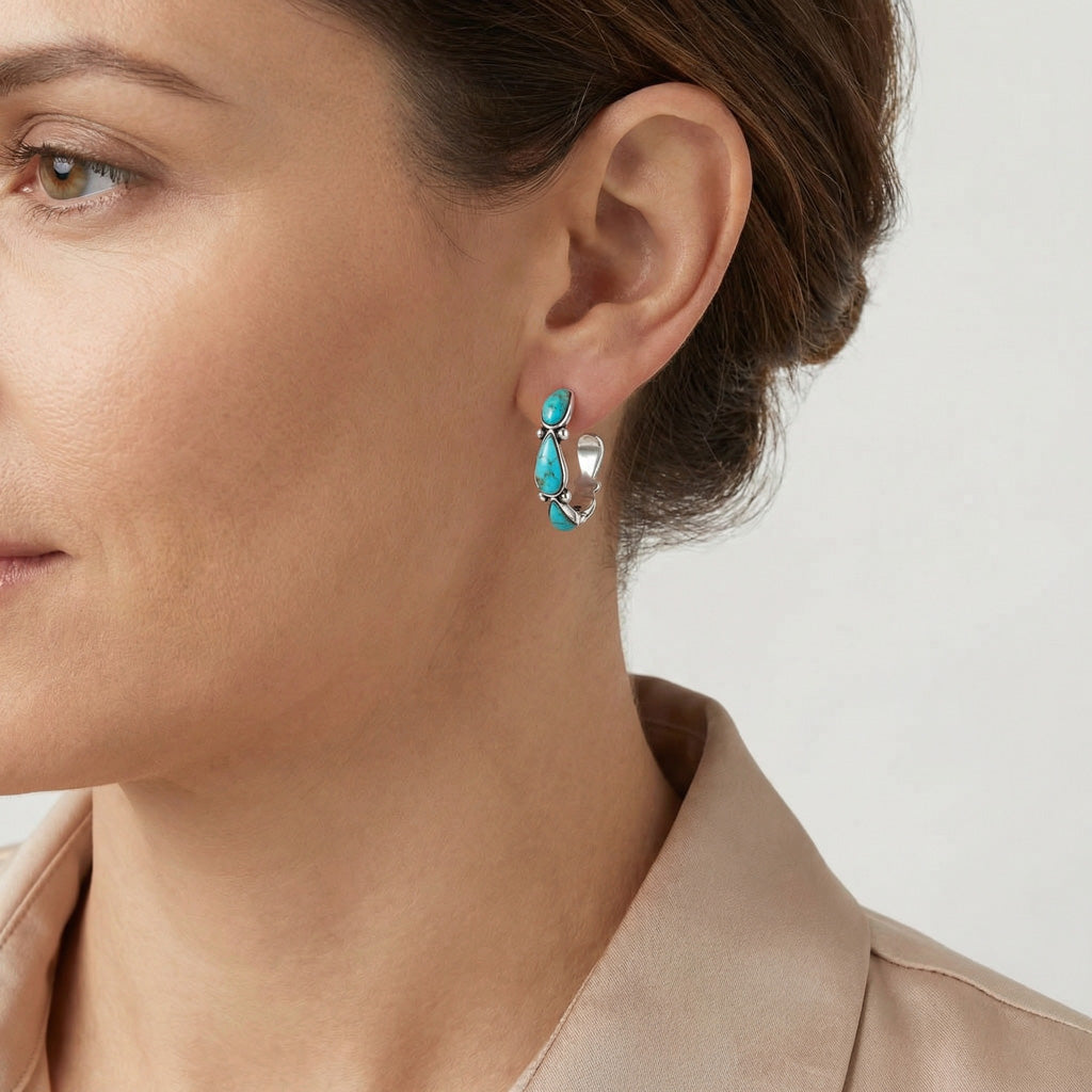 FINAL CLEARANCE - Turquoise Hoop Earrings SilveryCopper™ E1098-LG-SB-C75