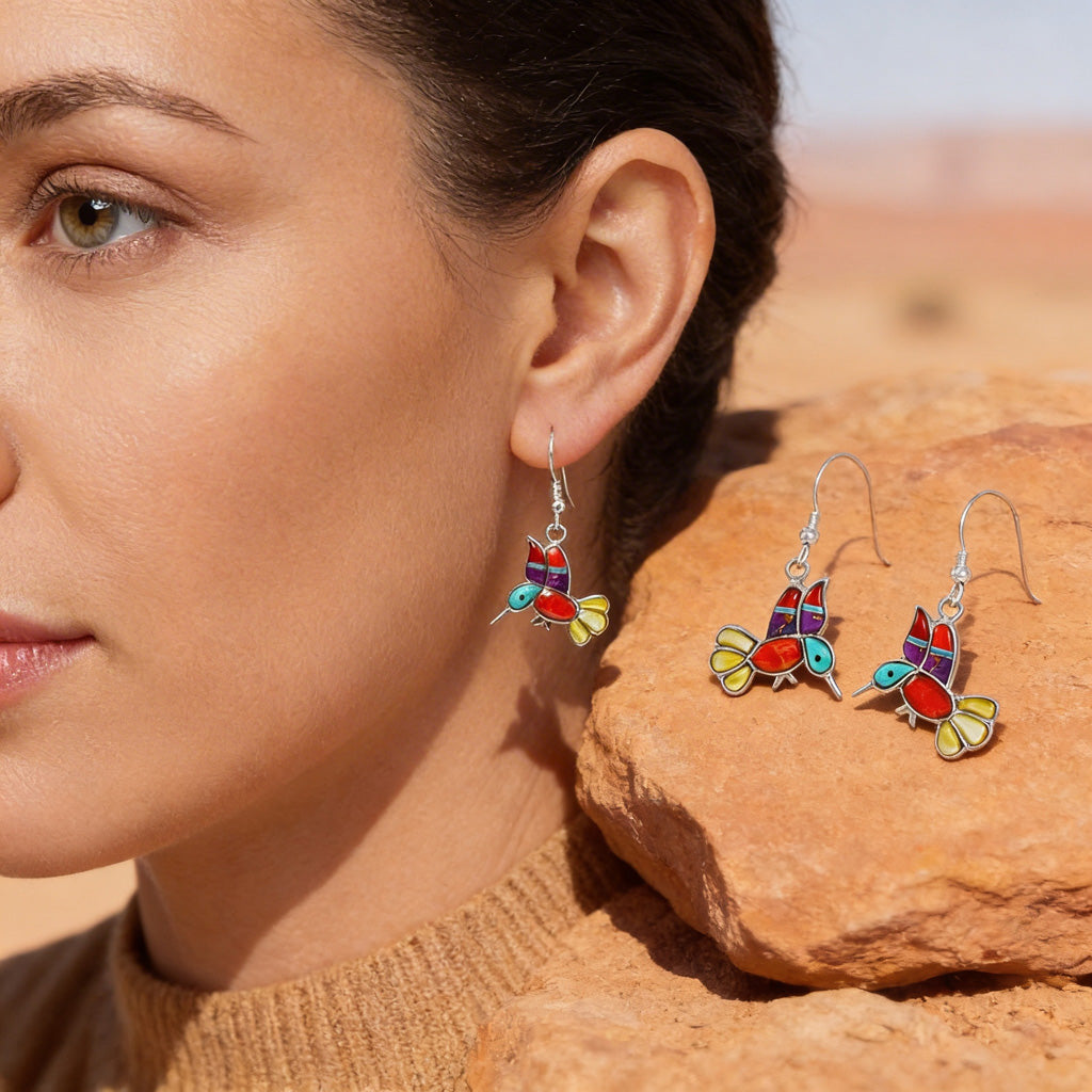 Humming Bird Multi Gemstone Earrings SilverBronzé E1188W-SB-C01