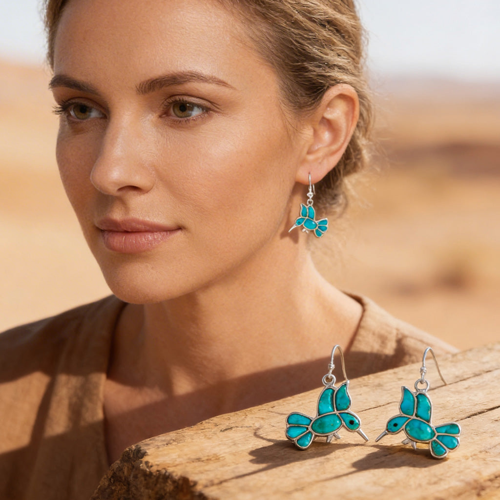 Humming Bird Turquoise Earrings SilverBronzé E1188W-SB-C05
