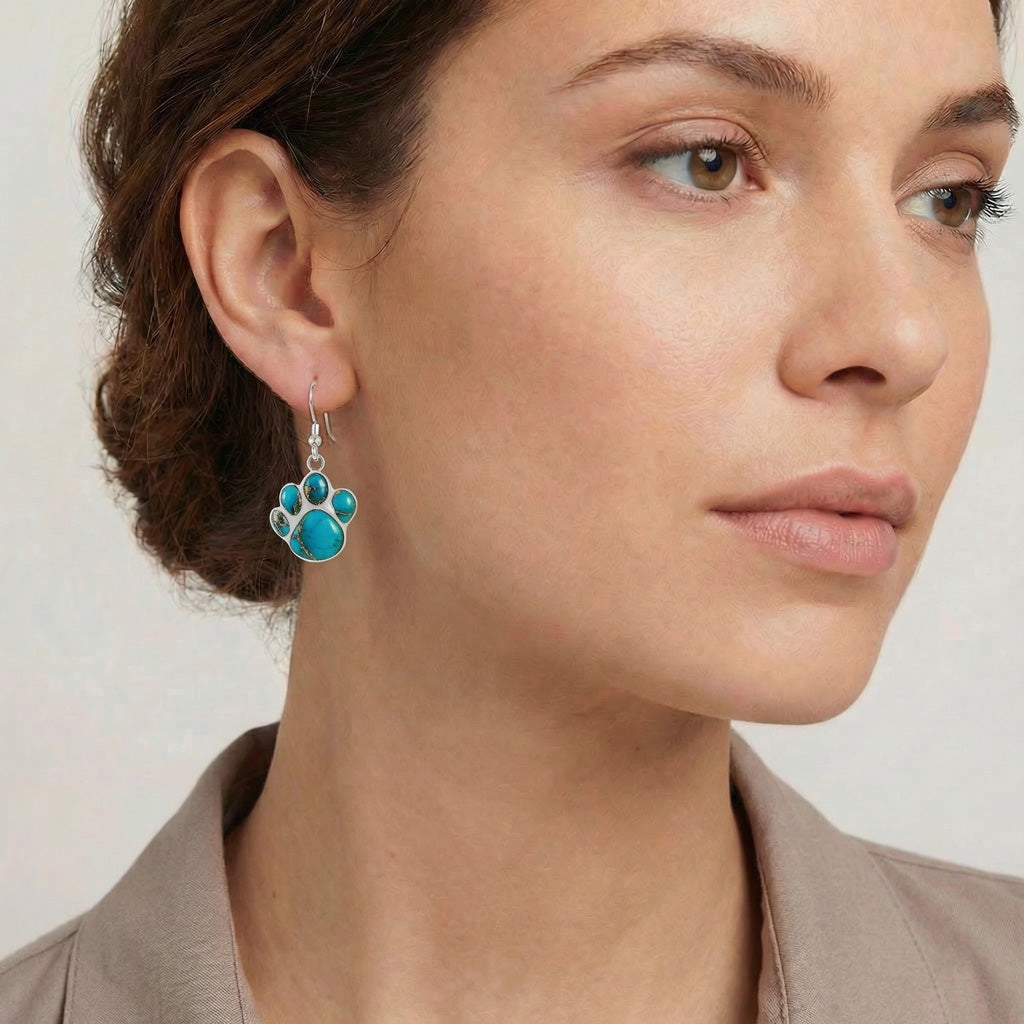 Sterling Silver Paw Earrings Matrix Turquoise E1240-C84