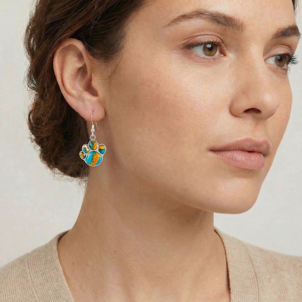 Sterling Silver Paw Earrings Spiny Turquoise E1240-C89