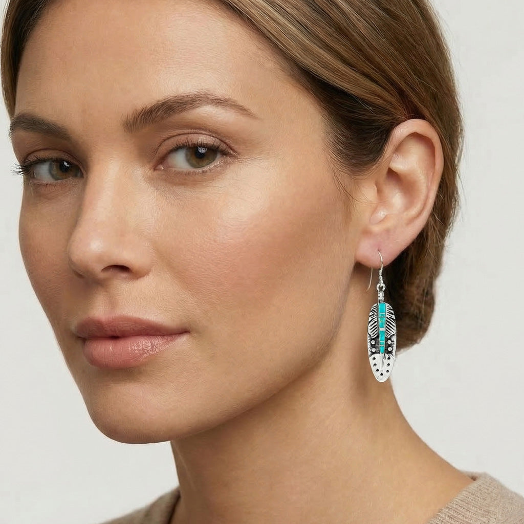 Sterling Silver Feather Earrings Turquoise E1244-C05