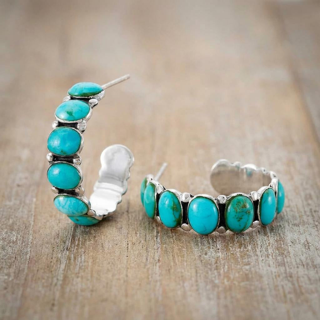 Sterling Silver Hoop Earrings Turquoise E1245-C75