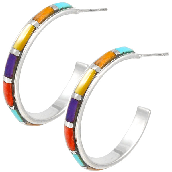 Sterling Silver Hoop Earrings Multi Gemstones E1255-C01