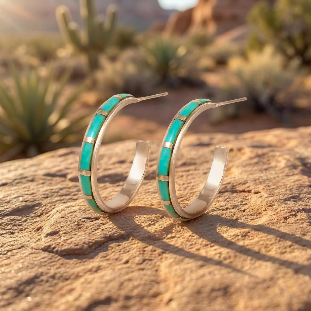 Sterling Silver Hoop Earrings Turquoise E1255-C05