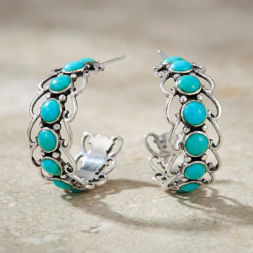 Sterling Silver Hoop Earrings Turquoise E1256-C75