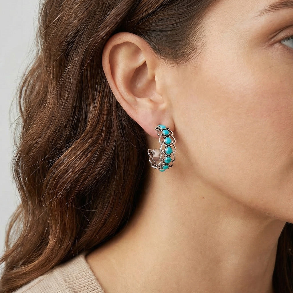 Sterling Silver Hoop Earrings Turquoise E1256-C75