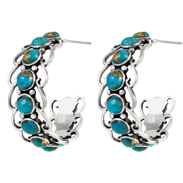 Sterling Silver Hoop Earrings Matrix Turquoise E1256-C84