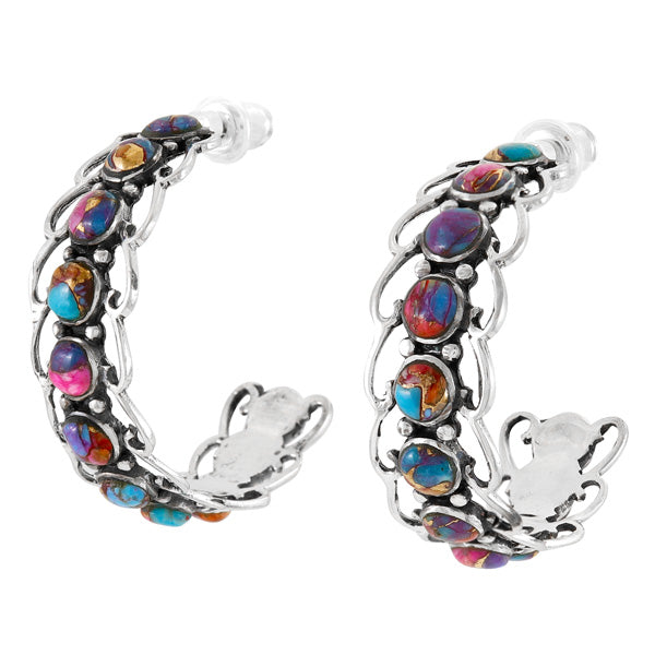 Rainbow Spiny Turquoise Hoop Earrings Sterling Silver E1256-C91