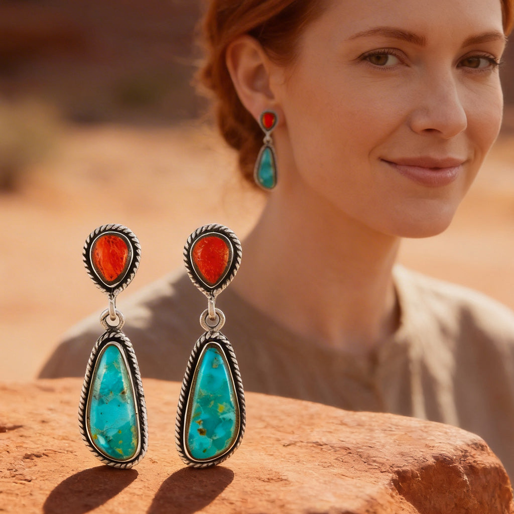 Turquoise & Coral Earrings Sterling E1359-C85