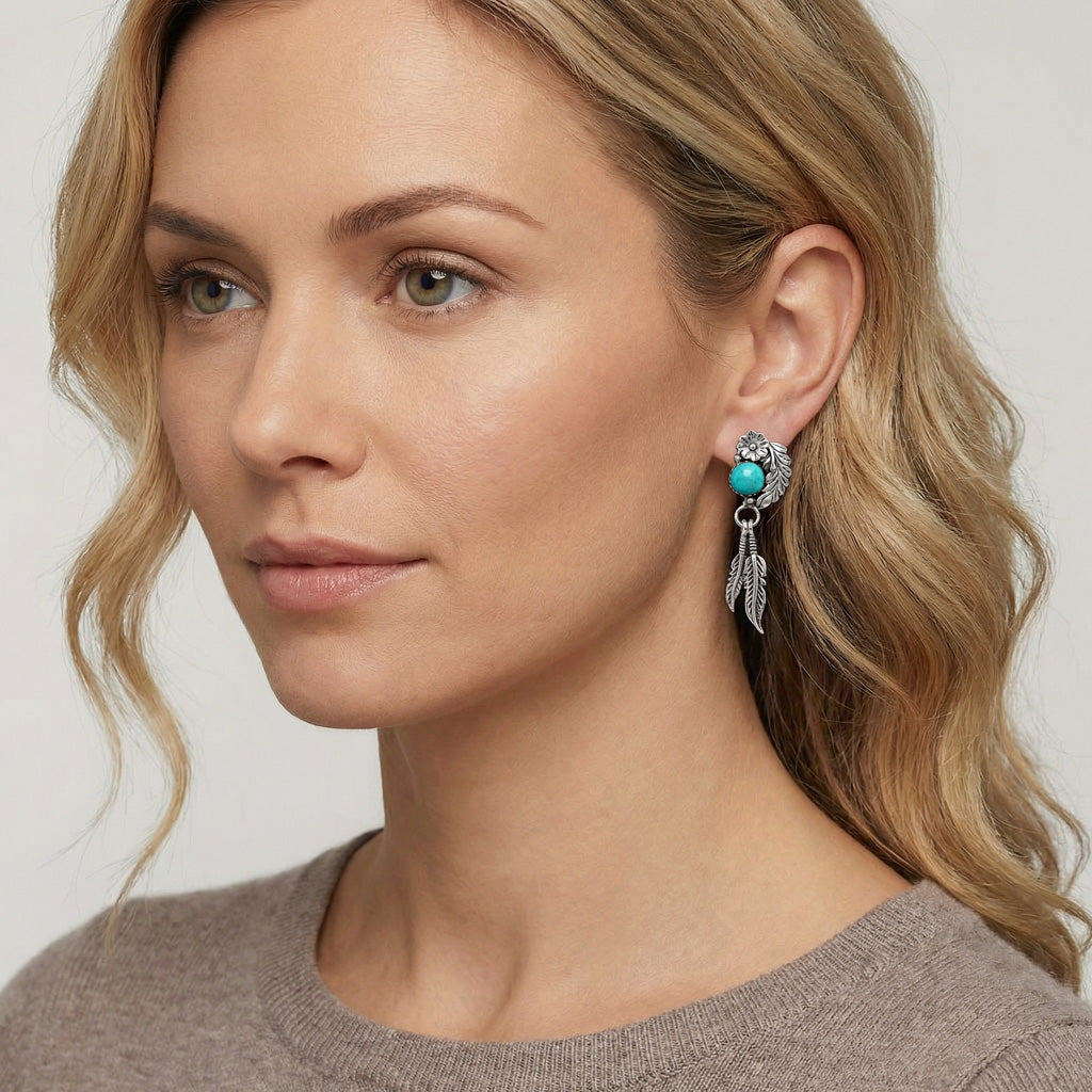 Turquoise Feather Earrings Sterling Silver E1413-C75