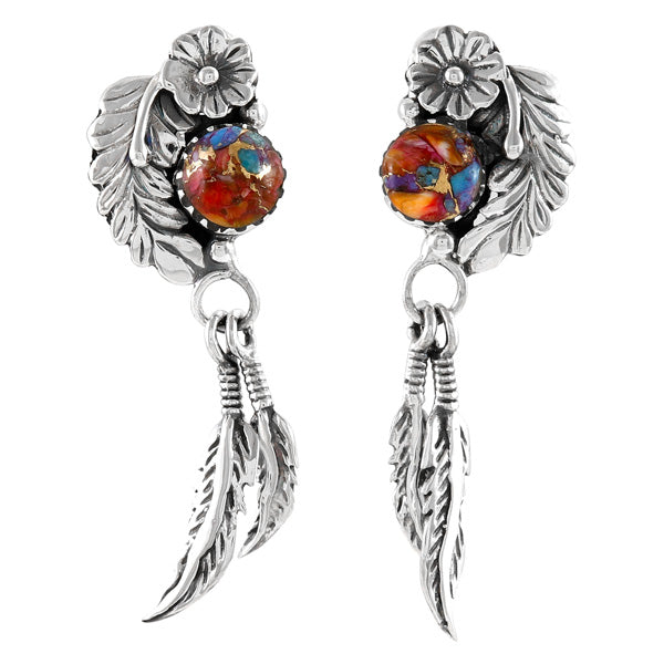 Rainbow Spiny Turquoise Feather Earrings Sterling Silver E1413-C91