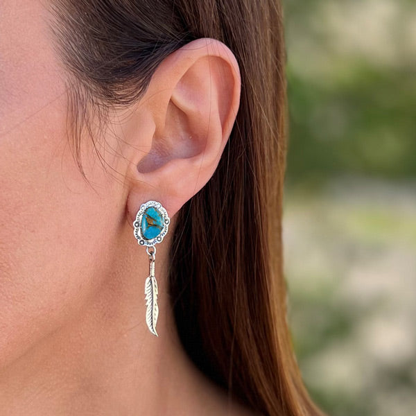 Feather Matrix Turquoise Drop Earrings Sterling Silver E1434-C84