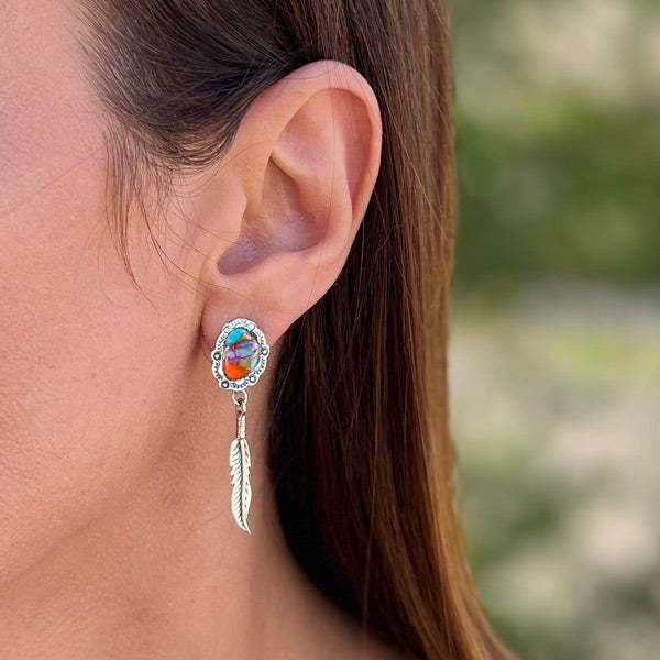 Feather Rainbow Spiny Turquoise Earrings Sterling Silver E1434-C91