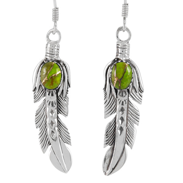Green Turquoise Feather Earrings Sterling Silver E1447-LG-C76