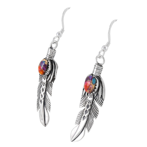 Rainbow Spiny Turquoise Feather Earrings Sterling Silver E1447-LG-C91