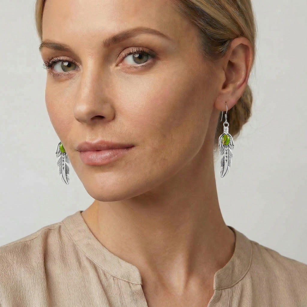 Green Turquoise Feather Earrings Sterling Silver E1447-LG-C76