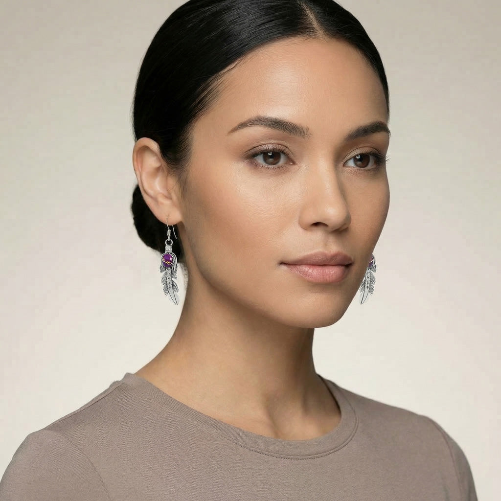 Purple Turquoise Feather Earrings Sterling Silver E1447-LG-C77