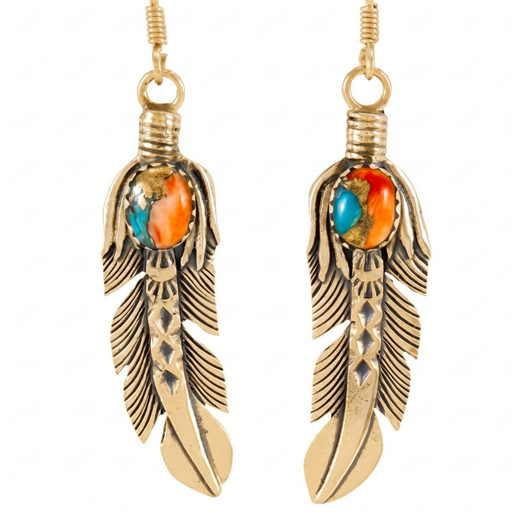 Feather Spiny Turquoise Earrings GoldCopper E1447-LG-GB-C89