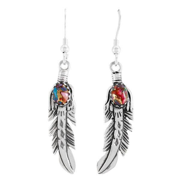 Rainbow Spiny Turquoise Feather Earrings Sterling Silver E1447-SM-C91