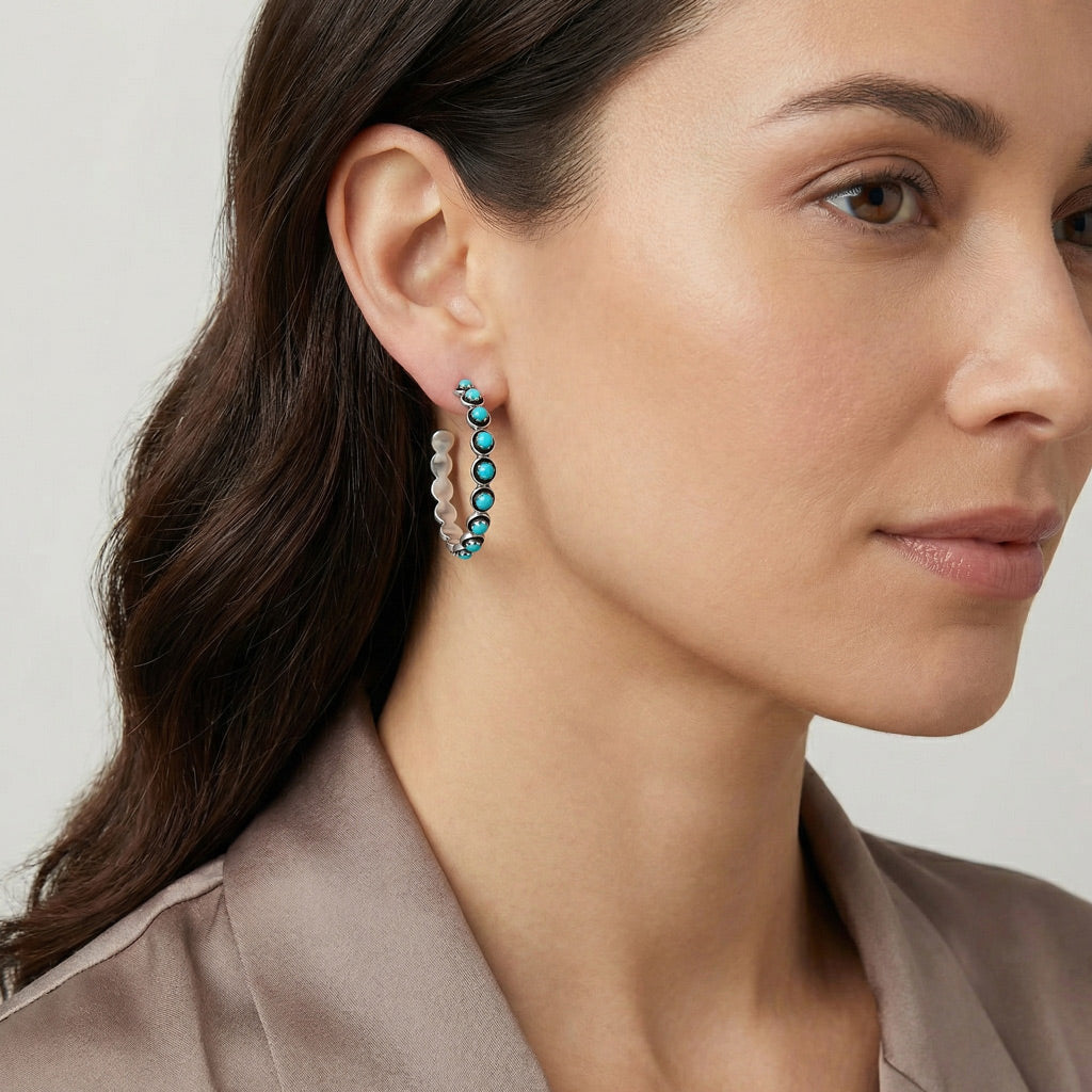 Large Turquoise Hoop Earrings Sterling Silver E1452-C75