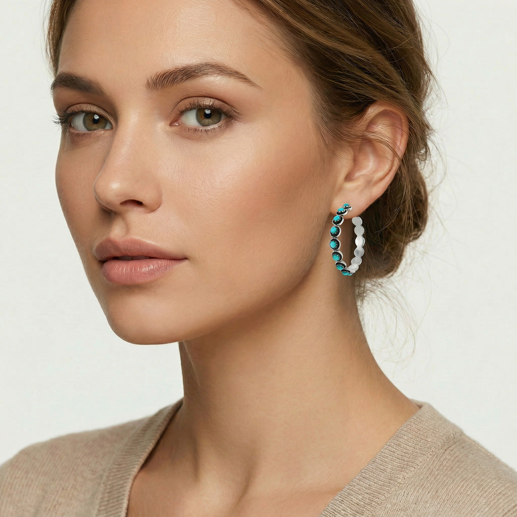 Large Turquoise Hoop Earrings Sterling Silver E1452-C75