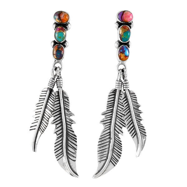 Rainbow Spiny Turquoise Feather Earrings Sterling Silver E1458-SM-C91