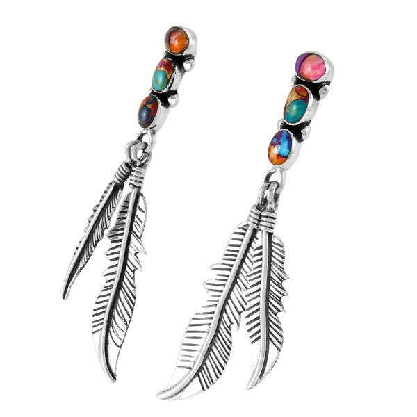 Rainbow Spiny Turquoise Feather Earrings Sterling Silver E1458-SM-C91