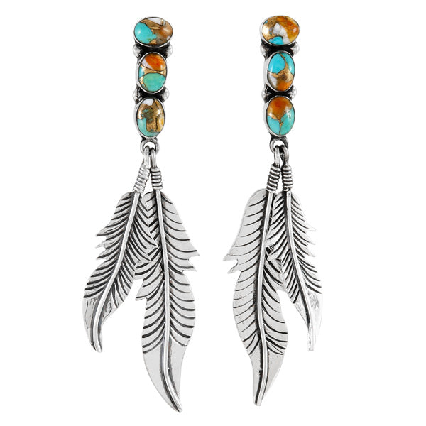 Spiny Turquoise Feather Earrings Sterling Silver E1458-LG-C89 (Larger version)