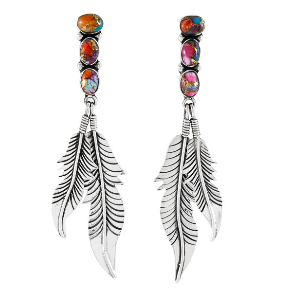Rainbow Spiny Turquoise Feather Earrings Sterling Silver E1458-LG-C91 (Larger version)