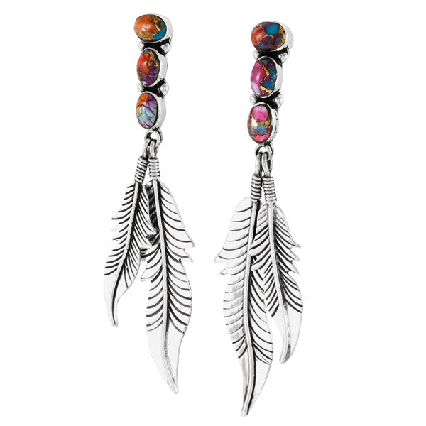 Rainbow Spiny Turquoise Feather Earrings Sterling Silver E1458-LG-C91 (Larger version)