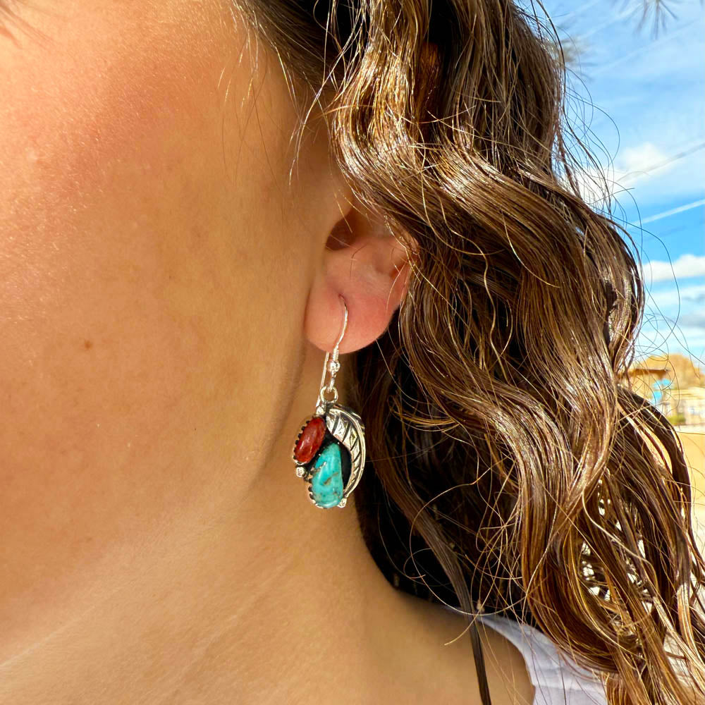 Turquoise & Coral Earrings Sterling Silver E1463W-C85