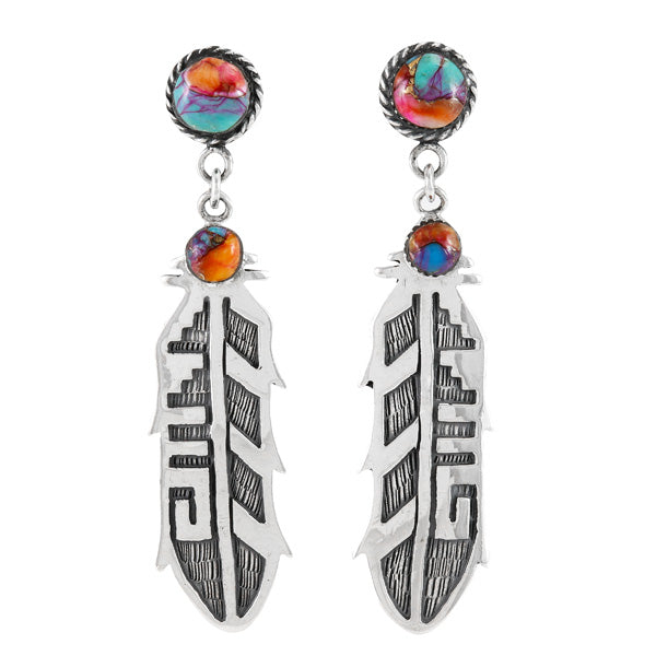 Rainbow Spiny Feather  Turquoise Earrings Sterling Silver E1466-LG-C91