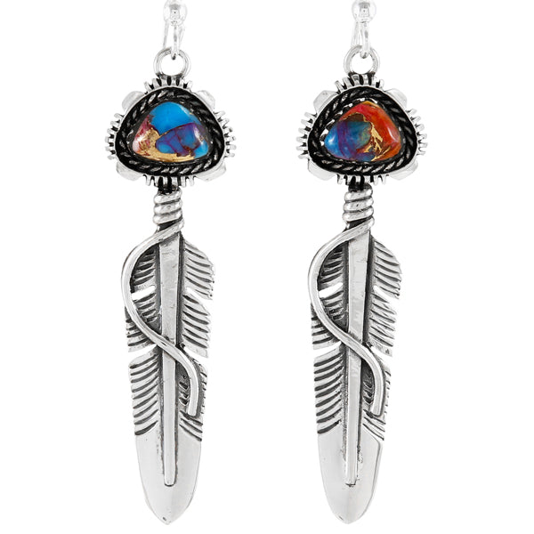 Rainbow Spiny Turquoise Feather Earrings Sterling Silver E1470-C91