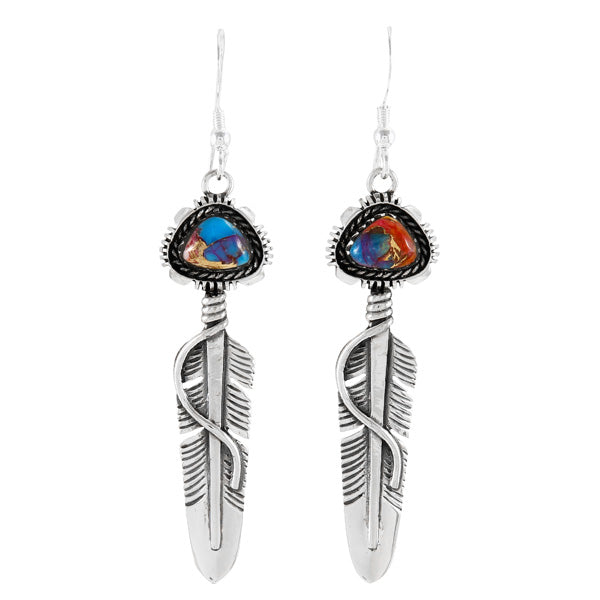 Rainbow Spiny Turquoise Feather Earrings Sterling Silver E1470-C91