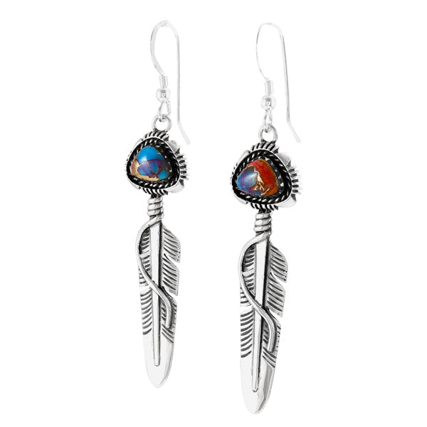 Rainbow Spiny Turquoise Feather Earrings Sterling Silver E1470-C91