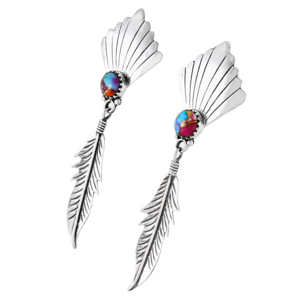 Rainbow Spiny Turquoise Feather Earrings Sterling Silver E1476-C91