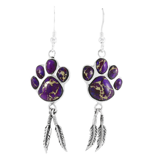 Purple Turquoise Paw Feather Earrings Sterling Silver E1495-C77