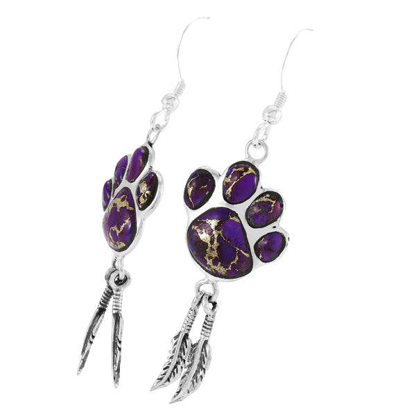 Purple Turquoise Paw Feather Earrings Sterling Silver E1495-C77