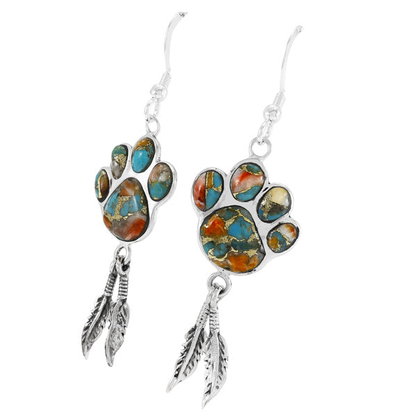 Spiny Turquoise Paw Feather Earrings Sterling Silver E1495-C89