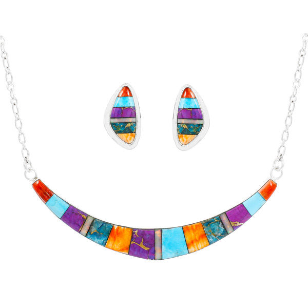 Turquoise & Gemstones Necklace Earrings Set Sterling Silver NE6003-C01
