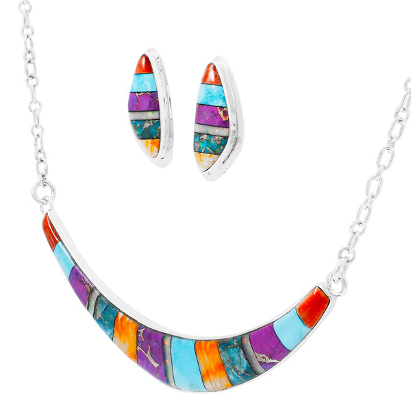 Turquoise & Gemstones Necklace Earrings Set Sterling Silver NE6003-C01