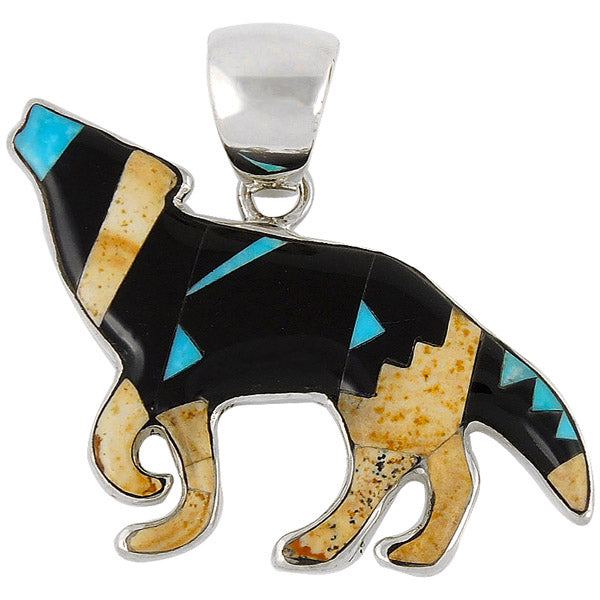 Sterling Silver Coyote Wolf Pendant Multicolor P3057-C04