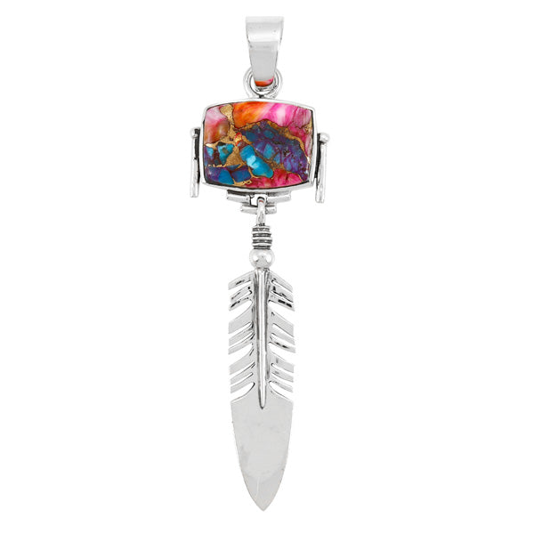 Rainbow Spiny Turquoise Feather Pendant Sterling Silver P3087-C91