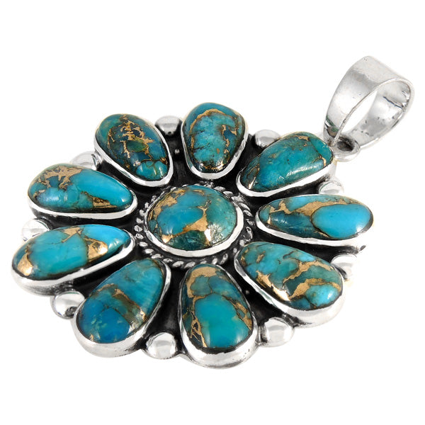 Sterling Silver Flower Pendant Matrix Turquoise P3193-C84