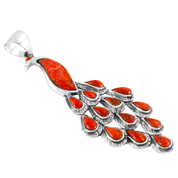 Coral Peacock Pendant Sterling Silver P3215-C74 (3" Long)